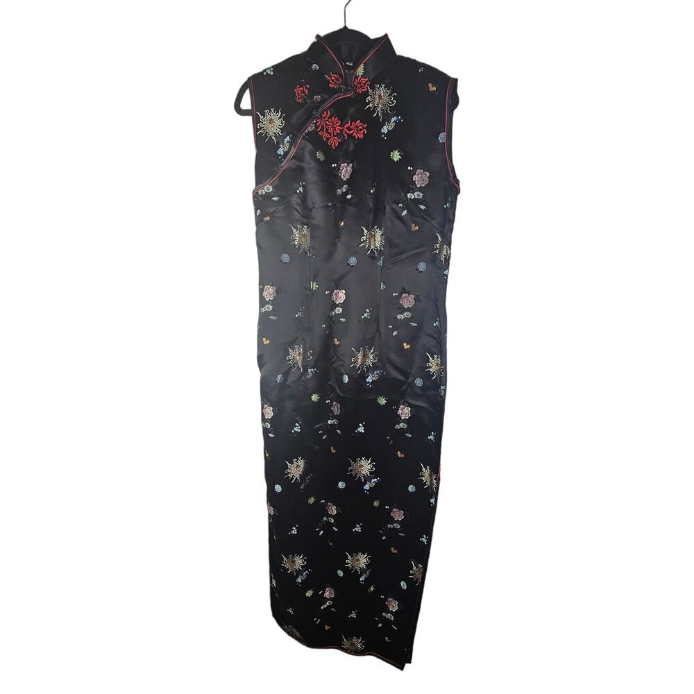 Vintage 90s Cathaya 42 Black Silk Asian Long Dress Floral High Slit Formal